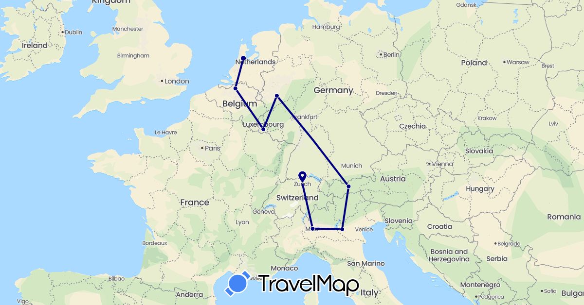 TravelMap itinerary: driving in Austria, Belgium, Switzerland, Germany, Italy, Luxembourg, Netherlands (Europe)